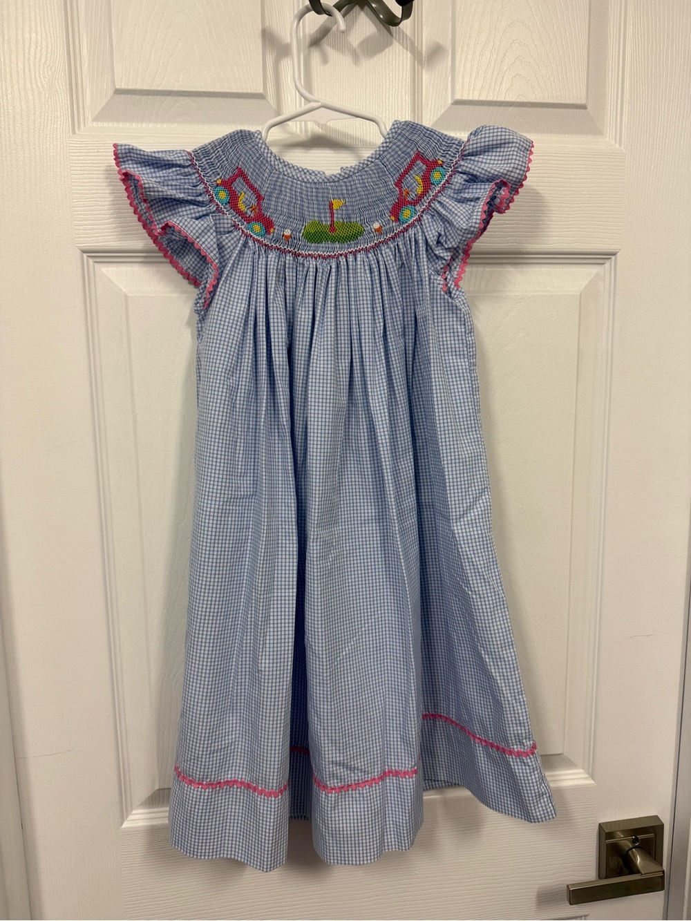 Blue Gingham Golf themed Smocked Girls' Dress with Pink Trim